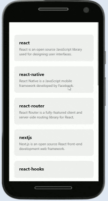 Exemplo de uma lista de dados puxados de uma API com nome e descrição e com scroll infinito e uma bolinha de carregamento