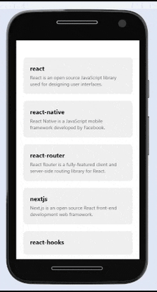 Exemplo de uma lista de dados puxados de uma API com nome e descrição