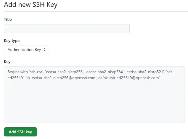 página no GitHub para adicionar a chave SSH