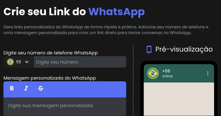WhatsApp URL Generator tool interface with pre-filled text